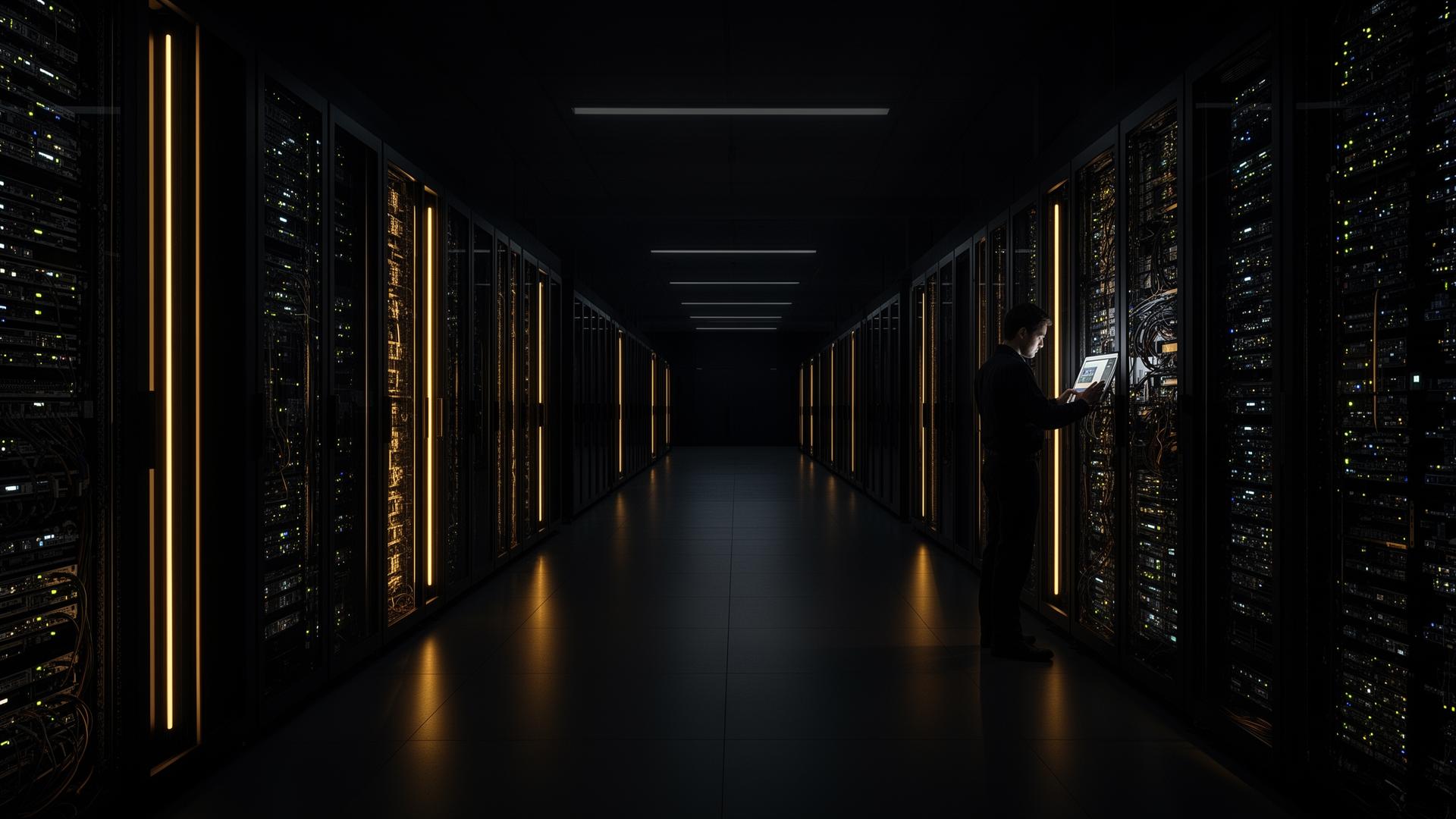 Enterprise data center corridor with illuminated server racks and an engineer inspecting hardware