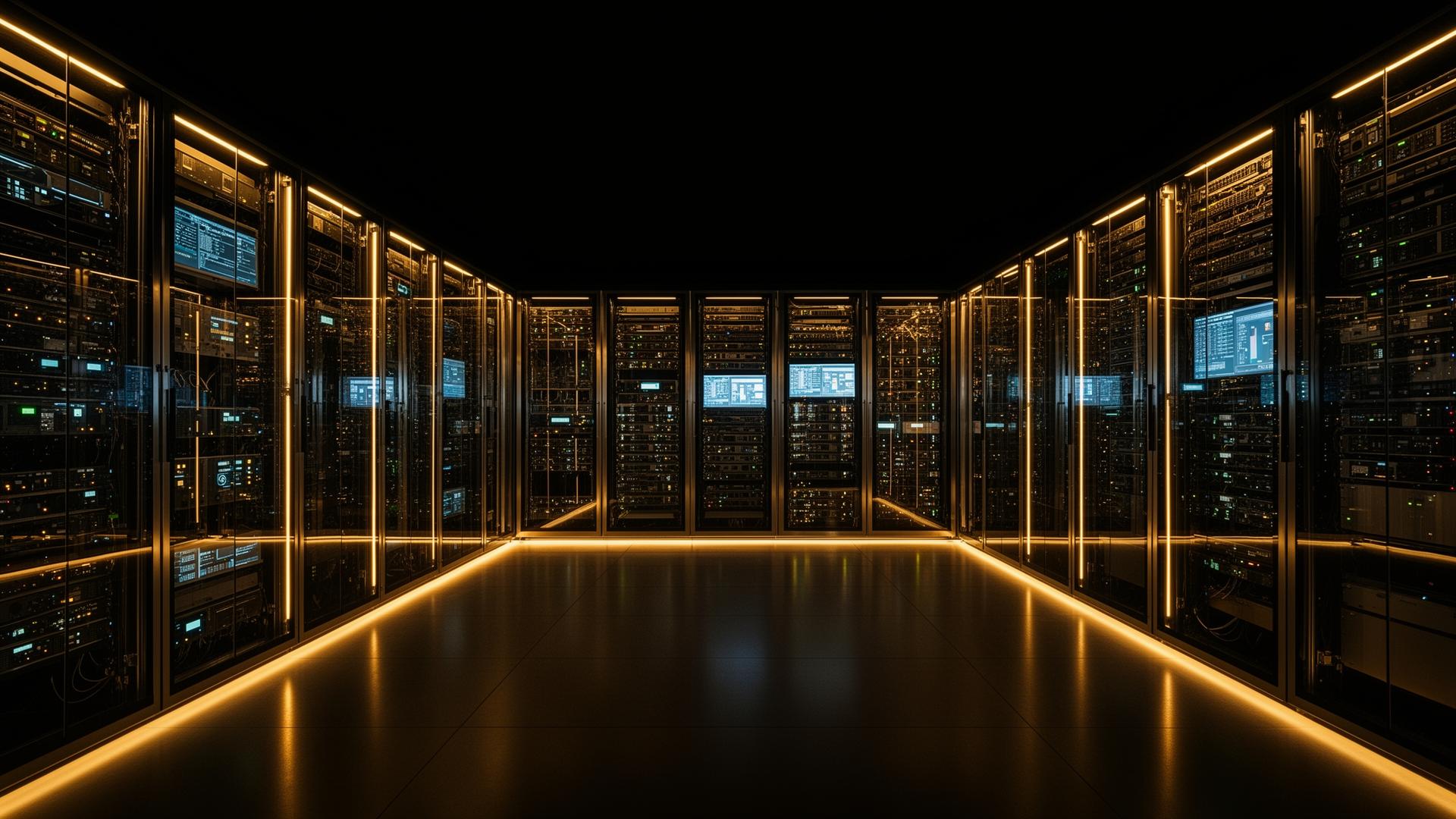 Multi X Solution engineers inspecting an enterprise data center cabinet with gold accent lighting in Selangor, Malaysia
